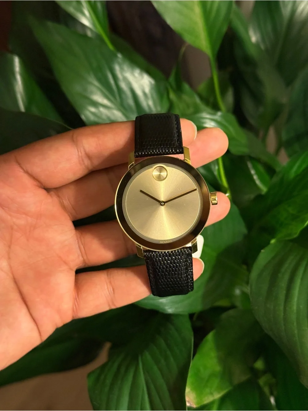 Movado bold Elegant Gold Dial Men's Watch with Black Leather Strap